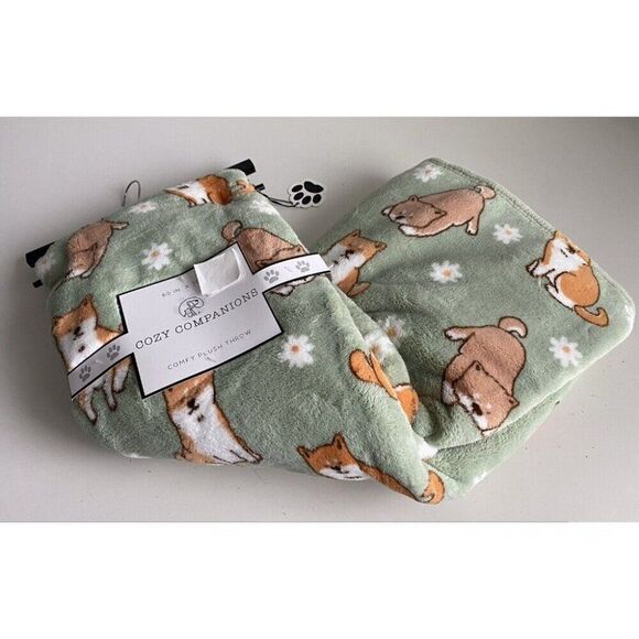 Cozy Companions Shiba Inu And Daisies Comfy Plush Soft Throw Blanket 60x70” NEW - Picture 1 of 12